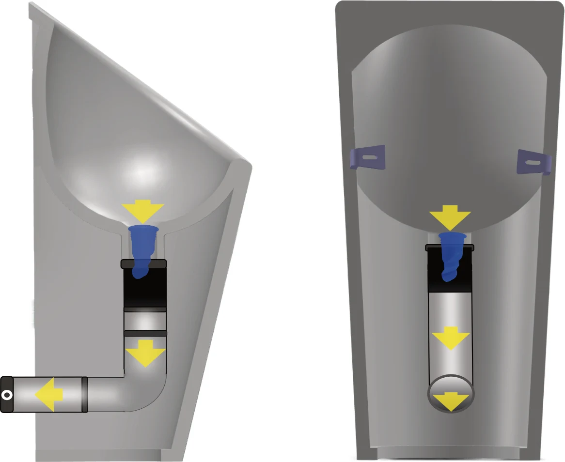 Querschnitt des Senza Aqua Urinals mit FlexPro, seitlich und von vorne
