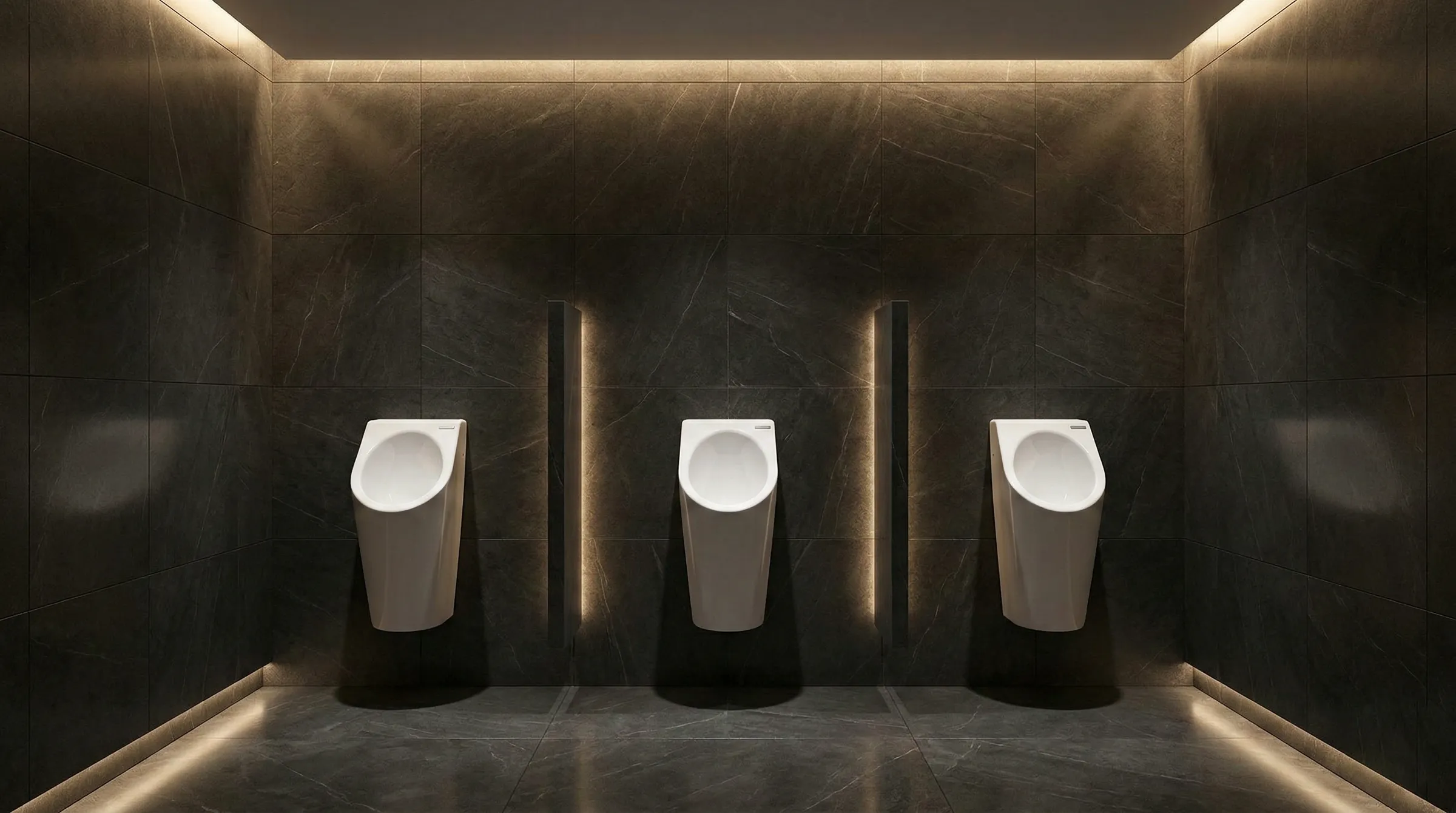 Drei Senza Aqua Urinale in einem dunklen Marmor-Waschraum mit indirektem Licht